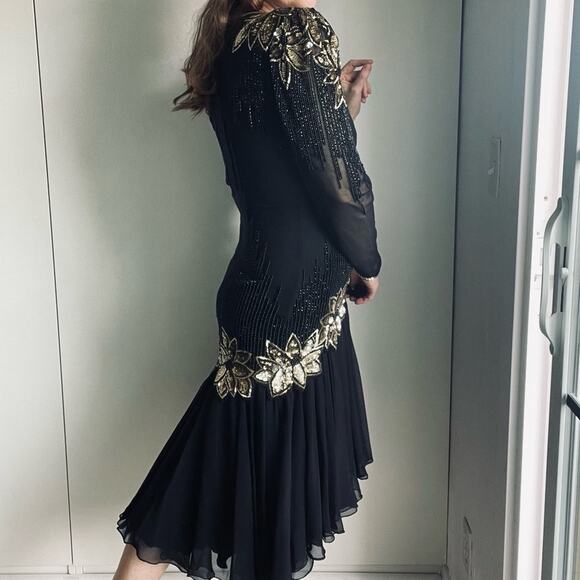 Vintage 90s Dress Sequin Beaded Party Cocktail Formals Red Carpet Black Gold s/6 - Picture 7 of 14